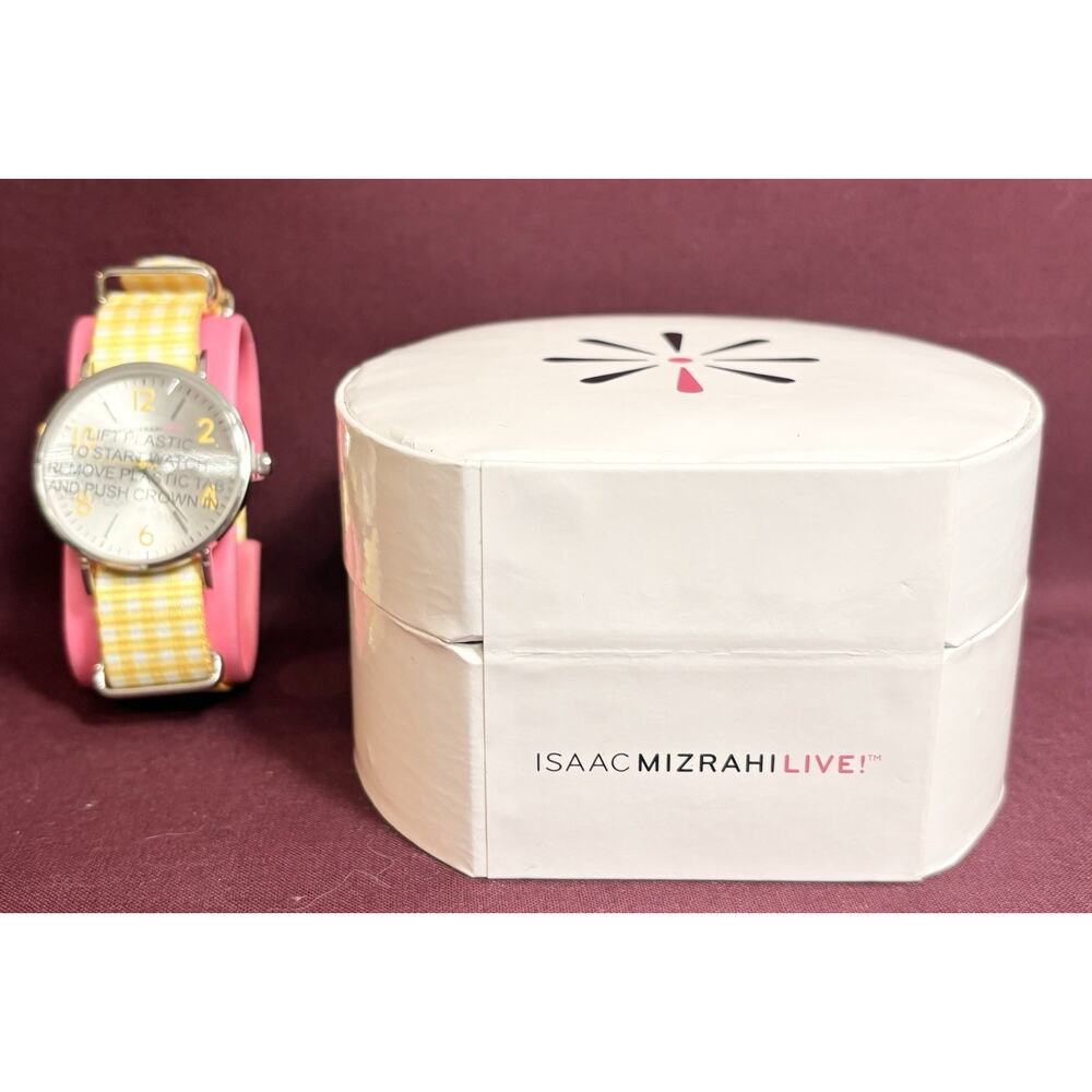 Isaac Mizrahi Live Womens Watch Yellow Gingham Nylon Strap NEW Quartz Analog